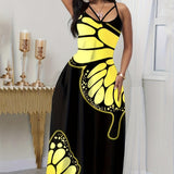 Ladies' V-Neck Elegant Butterfly Print Maxi Dress – Stylish and Comfortable Black Long Skirt Dress