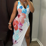 Ladies’ V-Neck Floral Print Long Skirt with Thigh Slit | Figure-Hugging Elegance