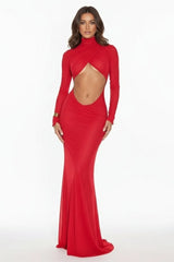 Full length red cutout evening dress with long sleeves and high neckline for women