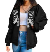 Women's Streetwear Hooded Jacket Skeleton Print Coat Loose-black chest-1