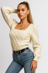 Women’s cream cable knit square neck sweater with puff sleeves – chic fall outfit idea