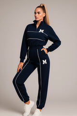 Navy blue tracksuit with white piping and M logo – sporty casual women’s loungewear set