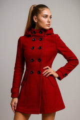 Elegant women's red trench coat with hood and double-breasted buttons