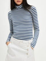 Exposed Seam Striped Turtleneck Long Sleeve T-Shirt-Blue/white-7