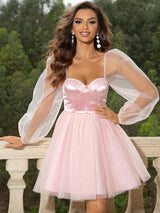 Sweetheart Neck Balloon Sleeve Mini Dress-Blush Pink-6