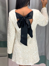 Elegant Sequin Dress with Statement Back Bow-White-3