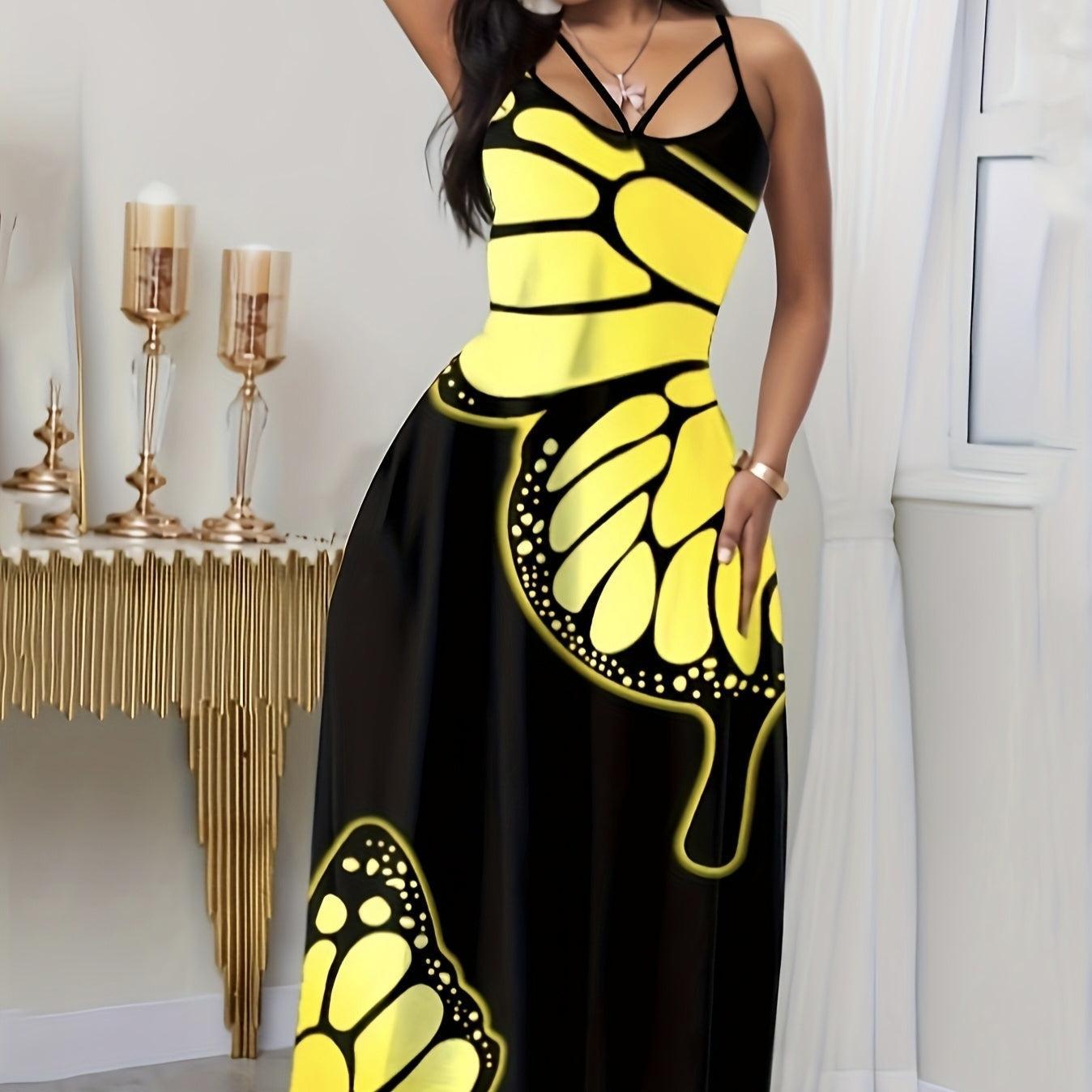 Ladies' V-Neck Elegant Butterfly Print Maxi Dress – Stylish and Comfortable Black Long Skirt Dress