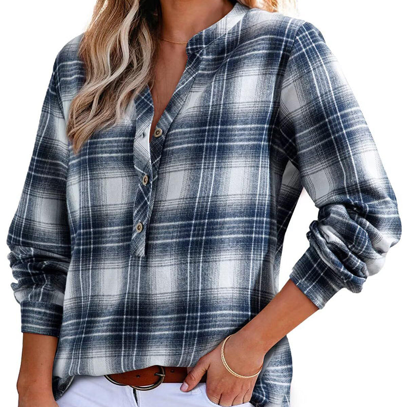 Plaid V-Neck Button Down Blouse