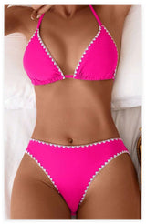 Solid-color Floral-print Halter-style Two-piece Swimsuit