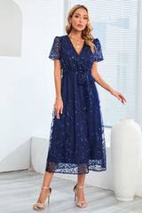 Sequin Leaf Embroidery Tie Front Short Sleeve Dress-3