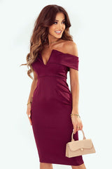 Off-Shoulder Zip-Back Slit Dress-Wine-11