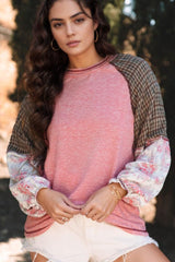 Plaid Floral Patchwork Round Neck Long Sleeve Top-Dusty Pink-7