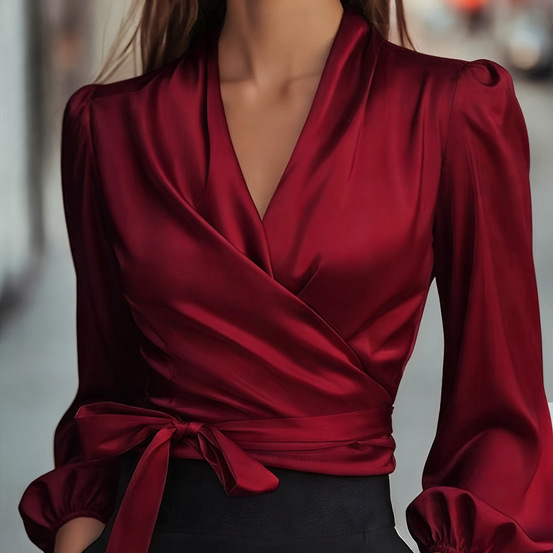 Satin V-Neck Tie Waist Blouse
