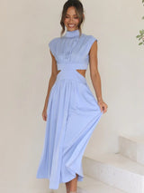 Cutout Mock Neck Sleeveless Ruched Dress-Light Blue-31