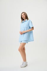 Casual Two-Piece Set For Women - Waffle Textured Fabric Shirt And Shorts With Side Slits, Versatile Ice Blue Summer Outfit