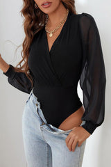 Surplice Mesh Long Sleeve Bodysuit-Black-1