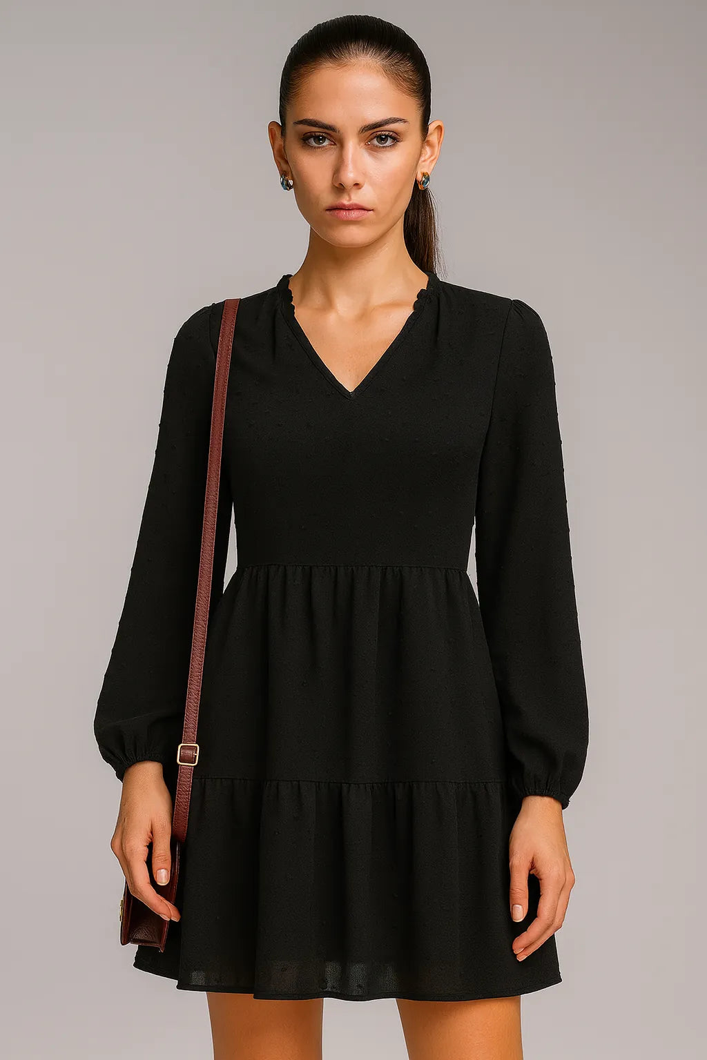 Шифоновое платье с длинным рукавом и V-образным вырезом A- Line Оригинальное платье