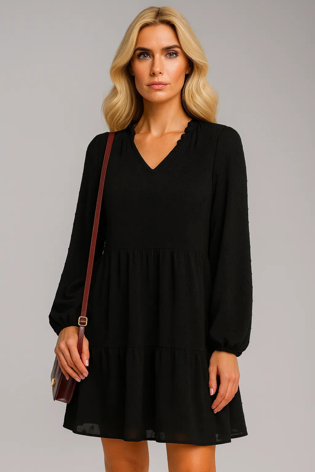 Шифоновое платье с длинным рукавом и V-образным вырезом A- Line Оригинальное платье