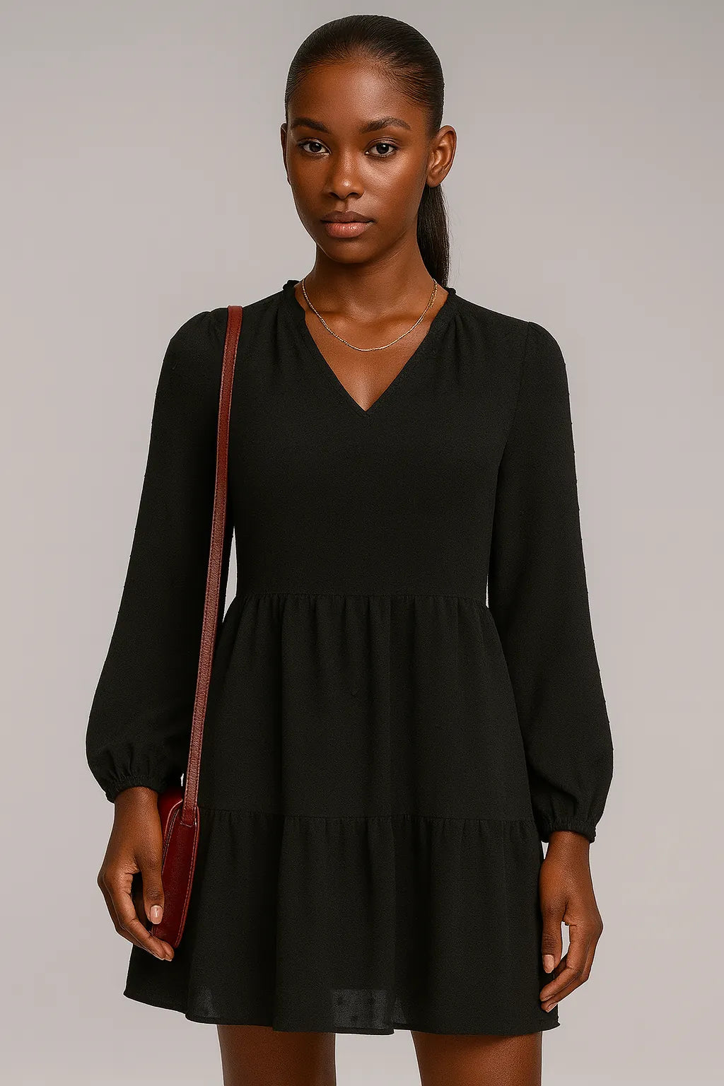 Шифоновое платье с длинным рукавом и V-образным вырезом A- Line Оригинальное платье