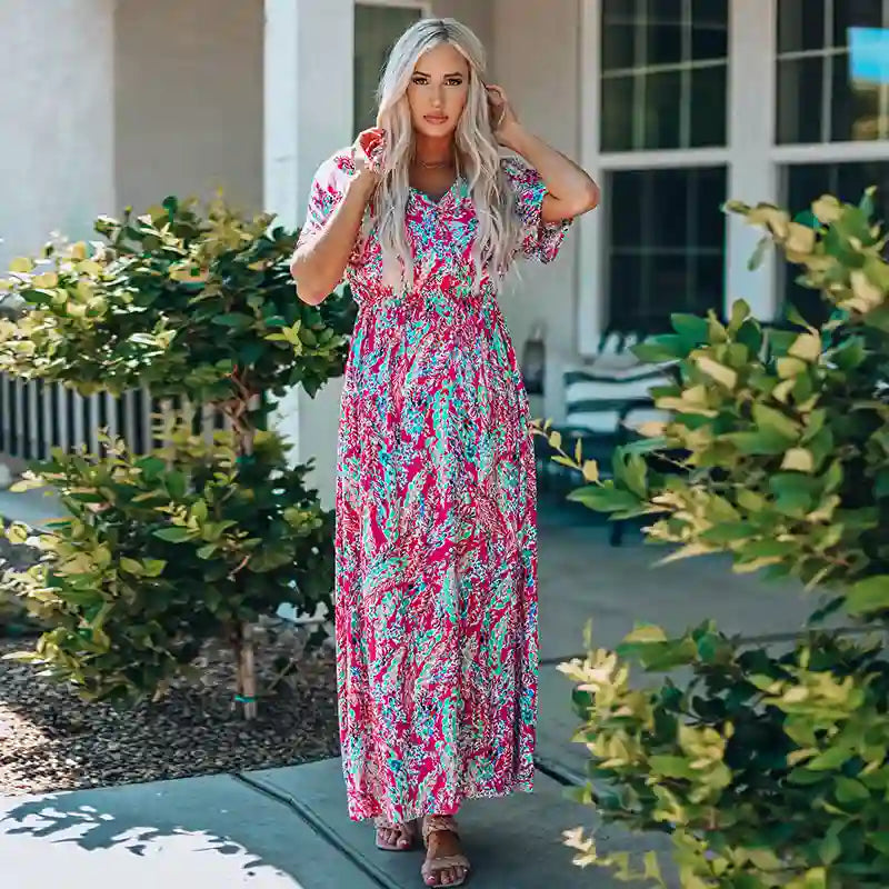 V-Neck Sleeve Floral Maxi Dress for Women