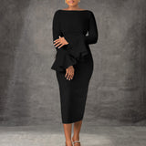 Fashion Solid Color Sheath Bell Sleeve OL African Dress