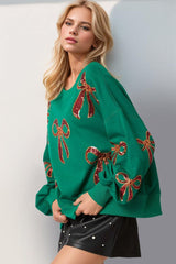 Double Take Christmas Bow Sequin Round Neck Dropped Shoulder Sweatshirt-2