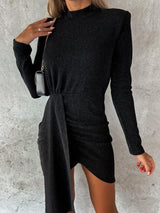 Heathered Mock Neck Long Sleeve Mini Dress-Black-9