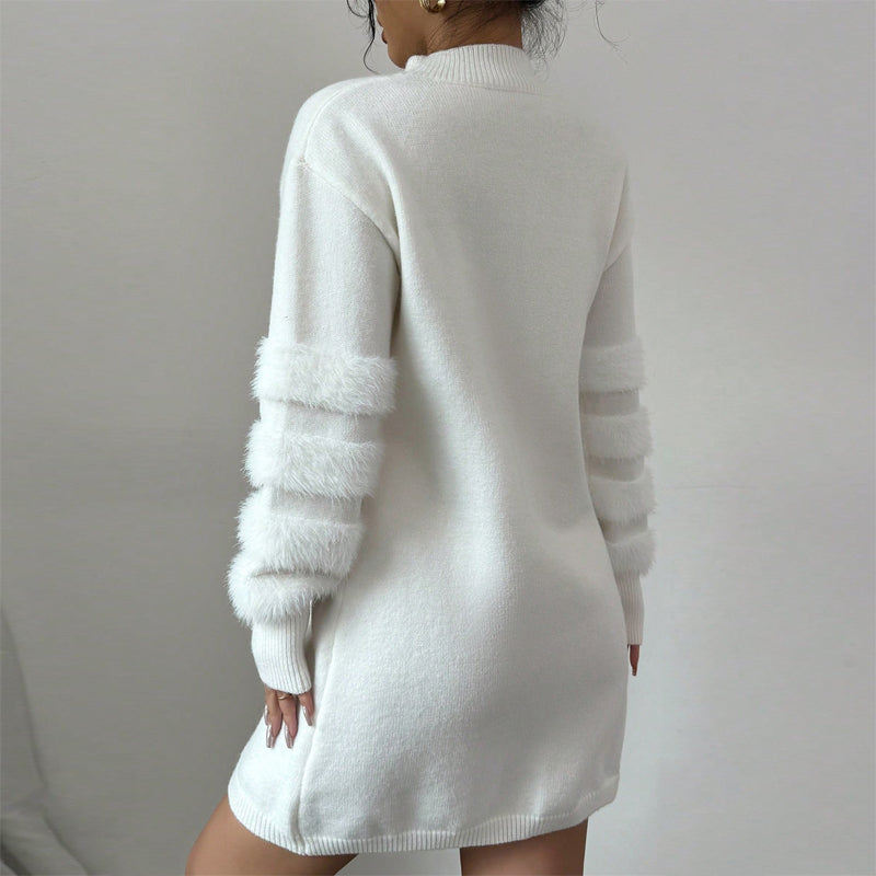 Plush Faux Fur Trim Mini Dress
