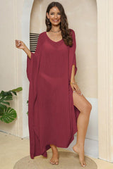 V-Neck Three-Quarter Sleeve Cover-Up-Deep Red-22