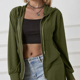 Women's Military Green Hooded Sweatshirt – Lightweight Zipper Jacket with Drawstring for Casual Sporty Style