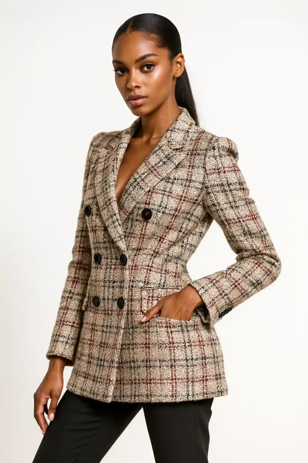 Elegant women's beige plaid tweed blazer with double-breasted buttons – chic fall fashion outfit
