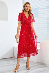 Sequin Leaf Embroidery Tie Front Short Sleeve Dress