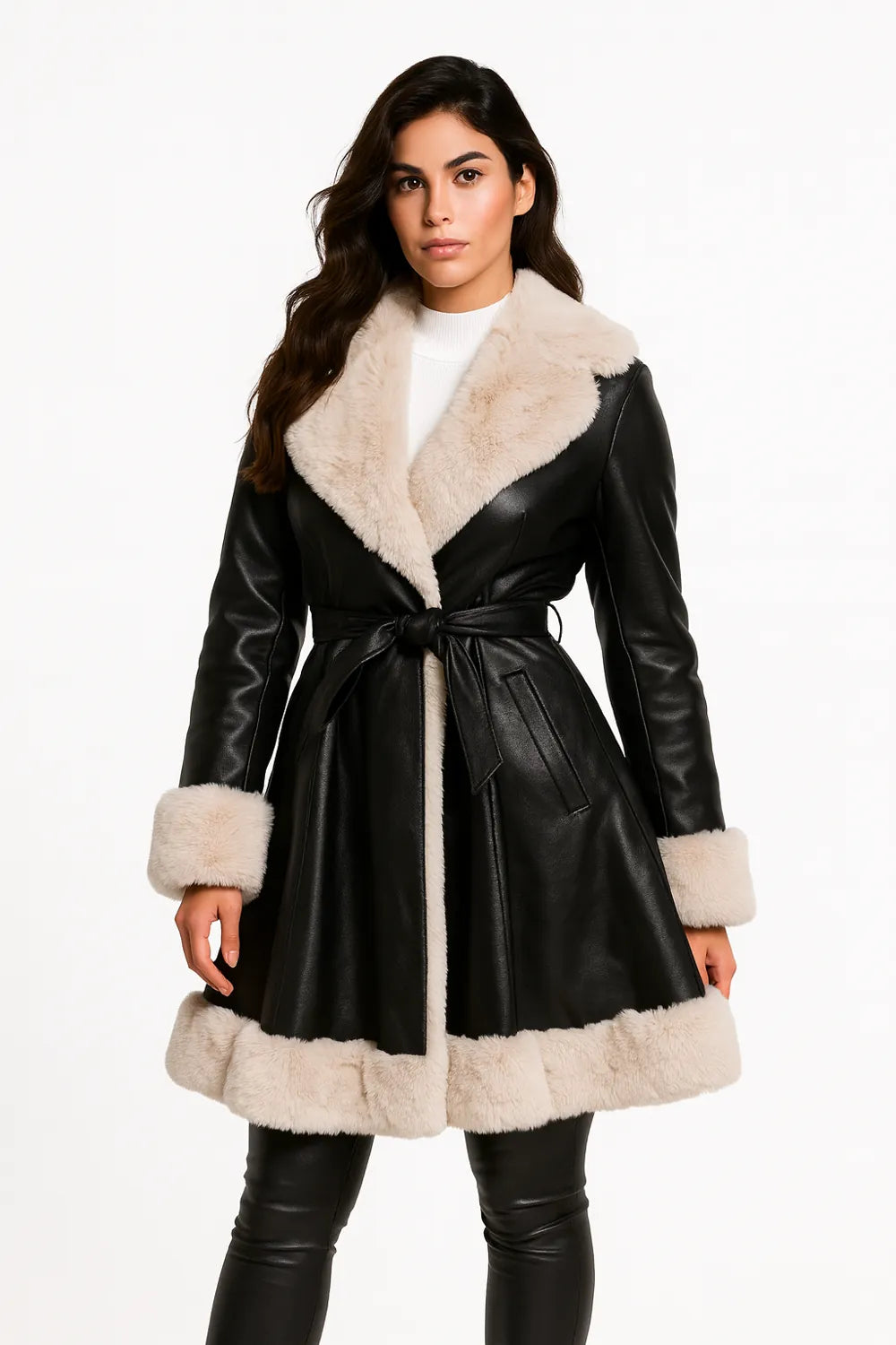 Women’s black faux leather coat with beige faux fur collar – elegant belted winter jacket for chic cold-weather outfits