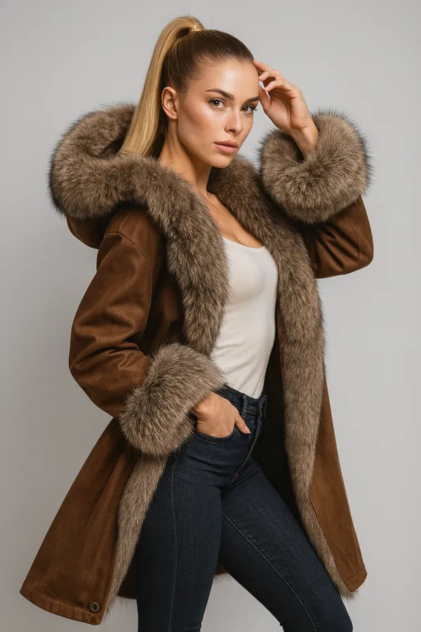 Women's luxury brown coat with faux fur trim and hood - stylish winter outerwear