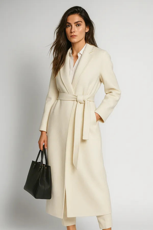 Elegant white wool coat for women - belted long overcoat with minimalist chic design