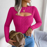 Pink cable-knit cutout sweater for women — trendy fitted long-sleeve top