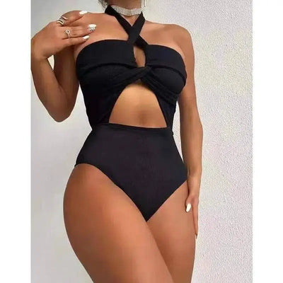 European And American Style Solid Color One Piece Swimsuit-Black-1