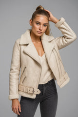 Women's beige faux shearling biker jacket with belt – warm winter outerwear