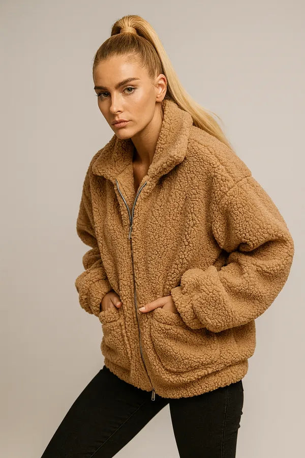 Women's oversized brown teddy faux fur zip jacket - cozy casual outerwear