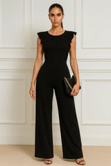 Elegant sleeveless black jumpsuit with ruffle shoulders – chic women’s evening wea