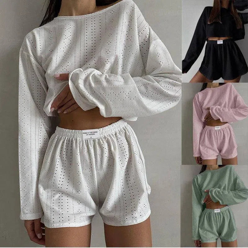 2pcs Women's Suit Long Sleeve Pullover Top And Shorts Fashion Simple Slim Fit Loose Hollow-out Design Suits-1