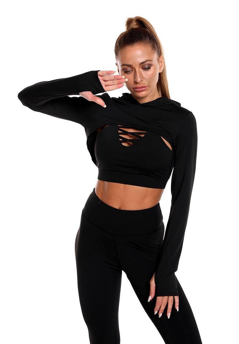 3pcs Sports Suits Long Sleeve Hooded Top Hollow Design Camisole And Butt Lifting High Waist Seamless Fitness Leggings Sports Gym Outfits Clothing-Black 3PCS Set-6