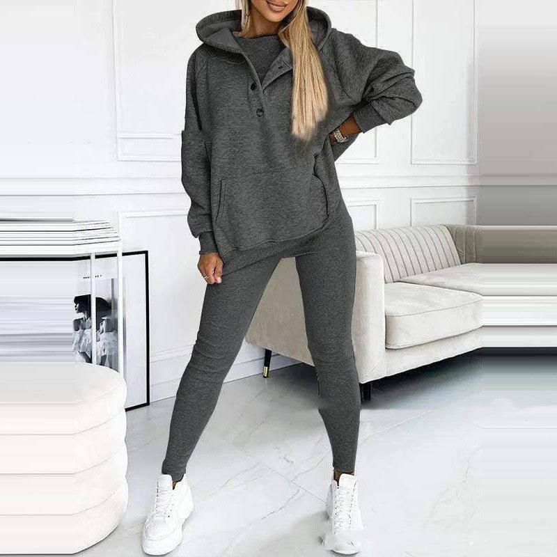 3pcs Women's Sports Suit Loose Hooded Pockets Sweatshirt And Vest And Slim Trousers-Dark Grey-14