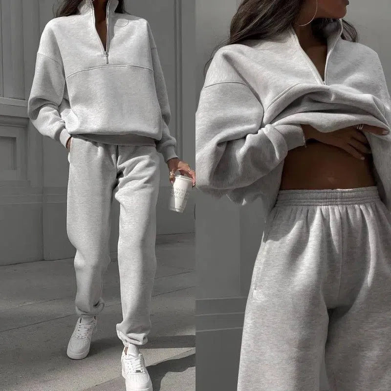 All-matching Thickened Long-sleeved Sweater And Trousers-White Gray-3