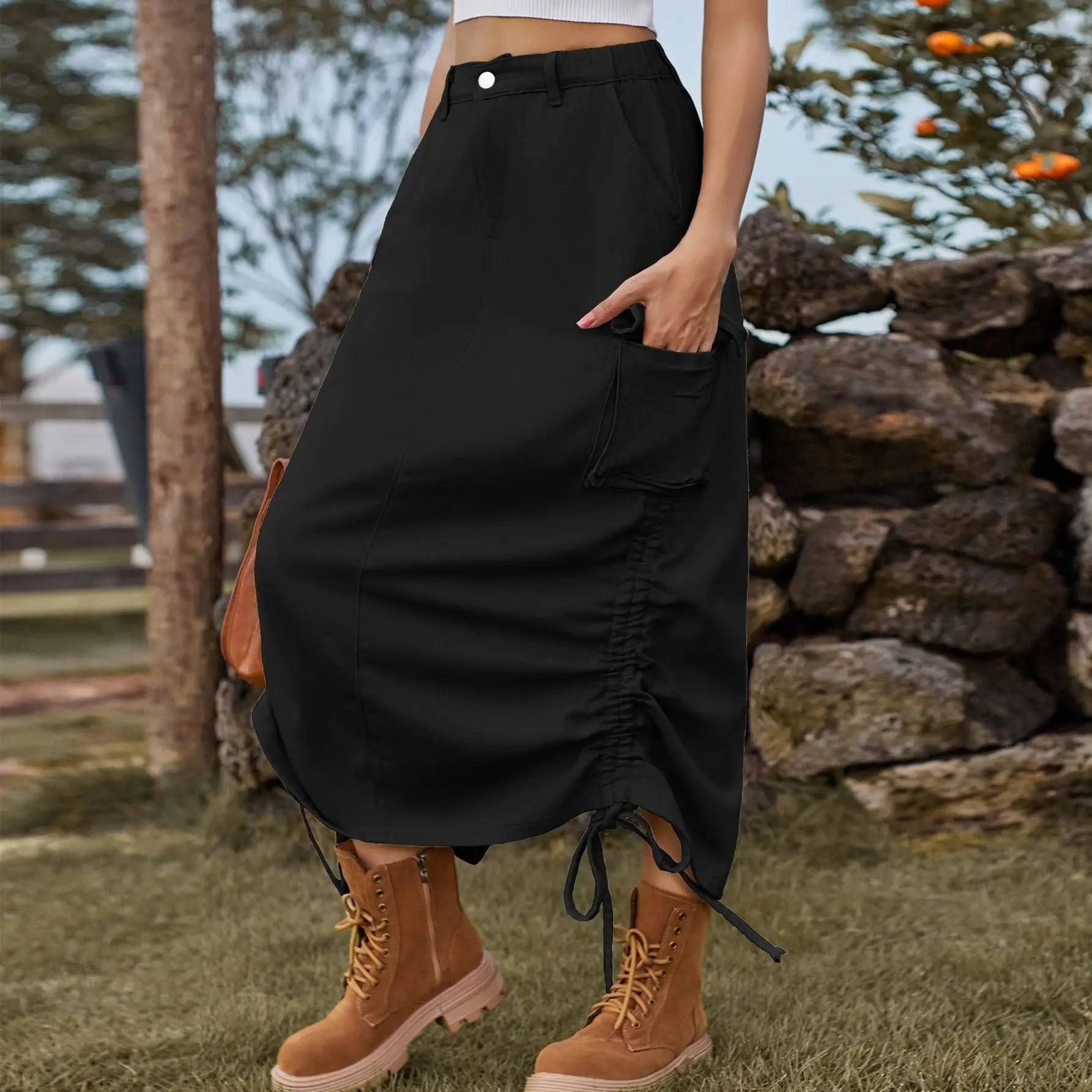 American-style Denim Casual Midi Skirt-Black-4