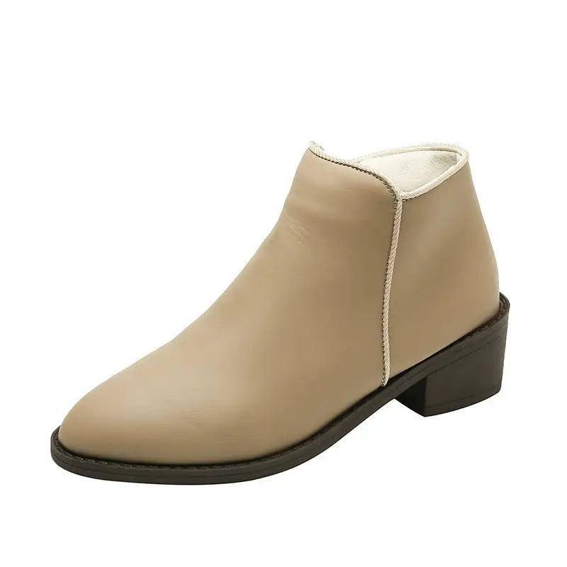 Ankle Boots Women Chunky Mid Heel Shoes Waterproof Side-Khaki-9