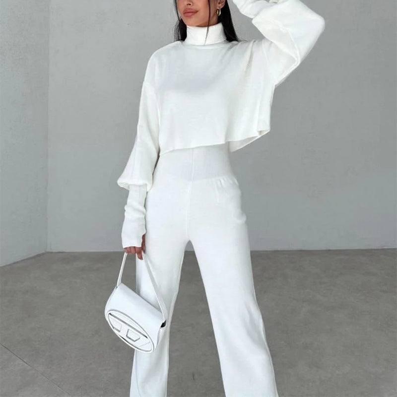 Autumn And Winter New European And American Turtleneck Loose Long Sleeve Top Female Casual Fashion Set-White-9