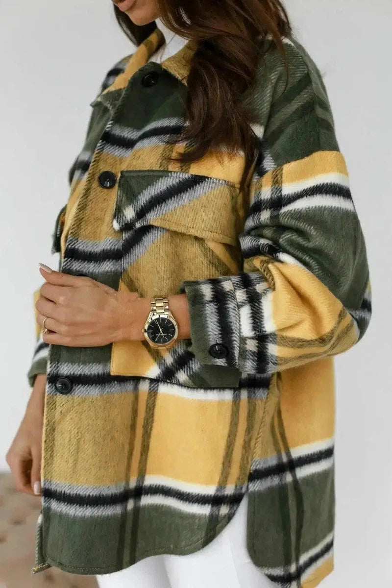 Autumn And Winter Long-sleeved Plaid Coat Shirt Women-Yellow-2