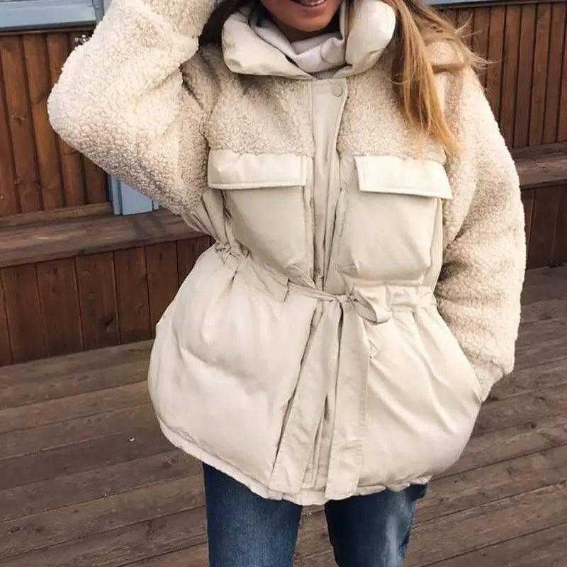 Belt stitching thick warm jacket fashion all-match casual-5