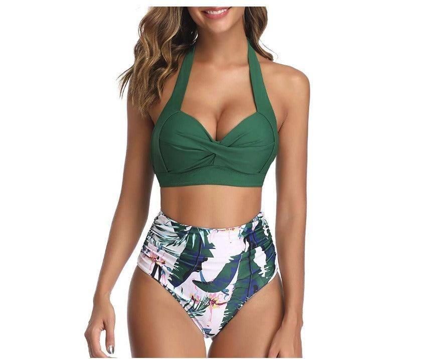 Bikini European And American High Waisted Printed Neck Strap-Green Leaves And Green Pants-11